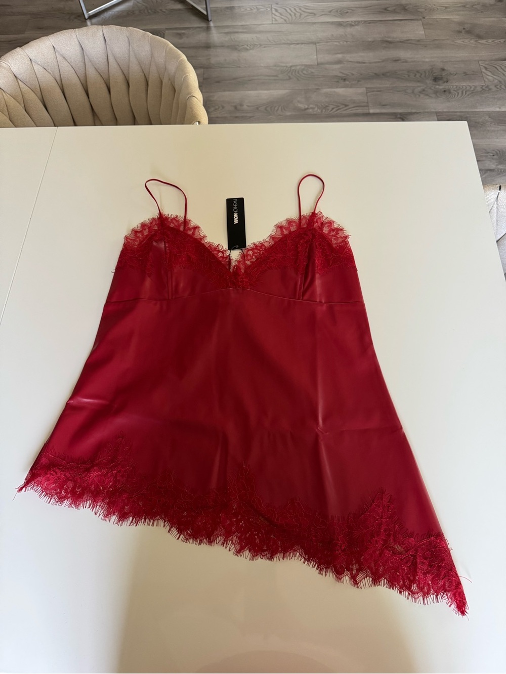 Red faux leather lace top